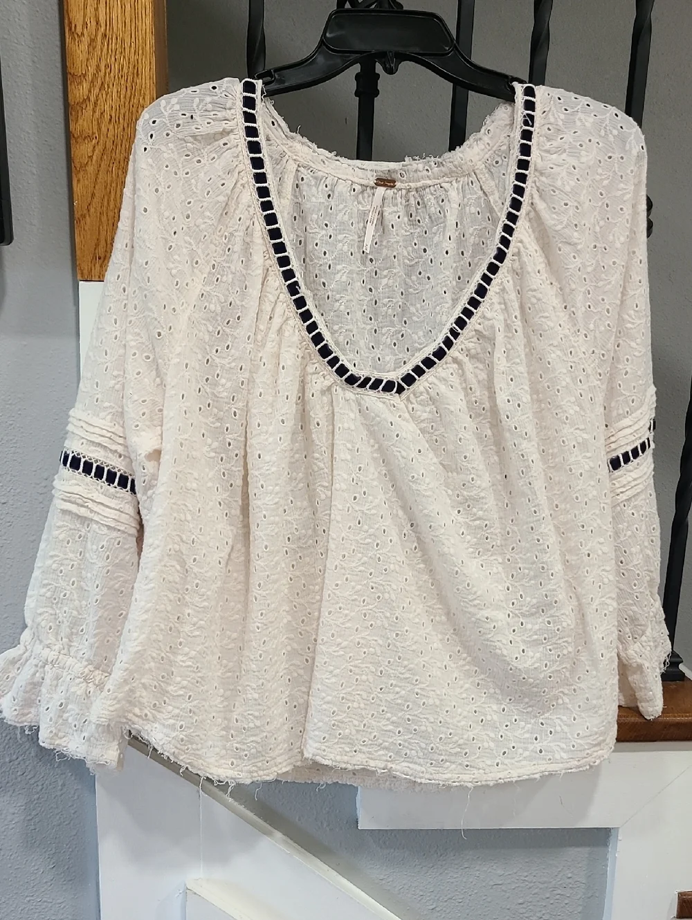 Free People Cream Eyelet Peasant Top with Navy Trim